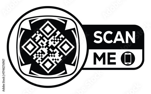 Minimalist black and white QR code icon with “Scan Me” label and smartphone symbol. Clean modern design ideal for digital access, marketing, payments, and contactless technology concepts.