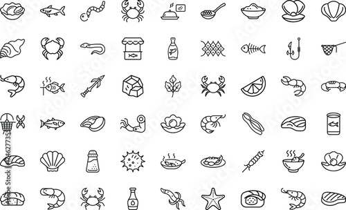 Seafood  Vector icons set. seafood, fish, crab, shrimp, lobster, shell, ocean, marine, food, restaurant, dish, cooking, meal Vector illustration
