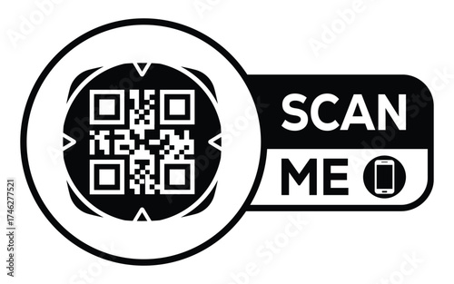 Minimalist black and white QR code icon with “Scan Me” label and smartphone symbol. Clean modern design ideal for digital access, marketing, payments, and contactless technology concepts.