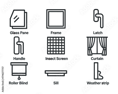 Vector Window components: glass pane, frame, latch, handle, insect screen, curtain, roller blind, sill, weather strip