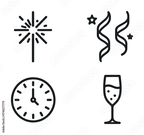 Vector New year celebration icons: sparkler, confetti, clock, champagne glass