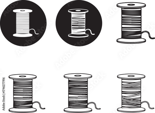 Three different thread spools in circular frames black silhouette on transparent background