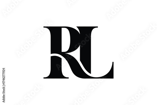 A bold black and white monogram logo featuring the letters r and l combined