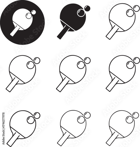 Collection of ping pong paddles in various styles on transparent background silhouette