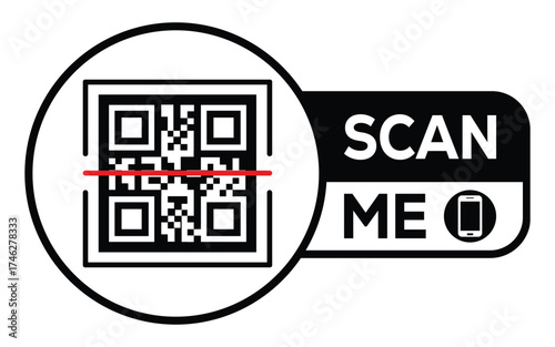 Minimalist black and white QR code icon with “Scan Me” label and smartphone symbol. Clean modern design ideal for digital access, marketing, payments, and contactless technology concepts.