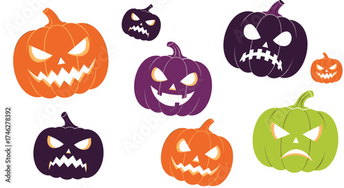 Collection of various carved pumpkins with different expressions, perfect for Halloween decorations.