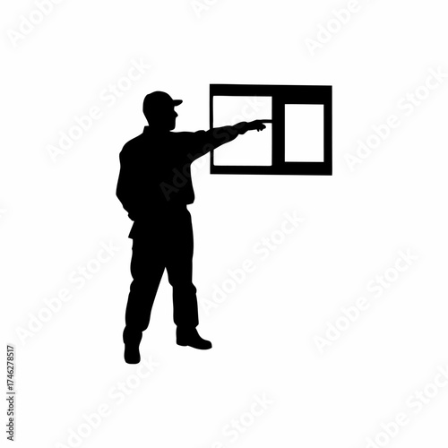 Foreman silhouette pointing at unfinished building section isolated on white background