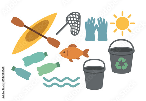 Vector Kayaking and environmental conservation equipment for outdoor activities and cleanup