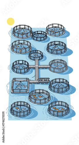 Aerial view of circular fish farms in water with connecting pathways.