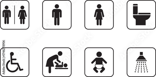 Restroom and Toilet Icon Set, Male and Female Bathroom Symbols, Public Washroom and Gender Neutral Sign Collection Vector Illustration