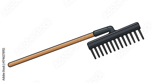 A rake with a wooden handle and black head is isolated on white.