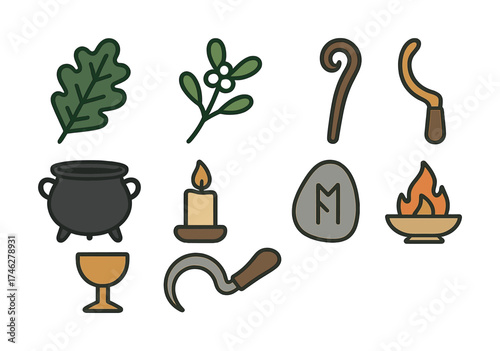 Vector Magical symbols collection featuring cauldron, candle, and ritual tools