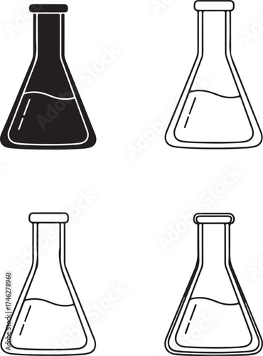 Two conical flasks in differing styles with a silhouette on transparent background