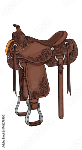 Brown leather horse saddle with stirrups isolated on white background.