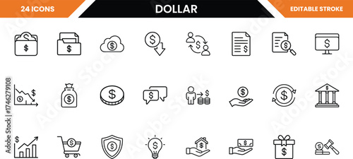 Dollar currency icons set, representing finance, investment, banking, and economic growth, isolated on white background