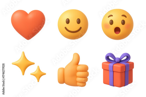 3D Colorful Emoji Icons. Emotional pull icons in 3D color style: heart symbol, smiley face, excited emoji, sparkles, thumbs up, gift with ribbon.