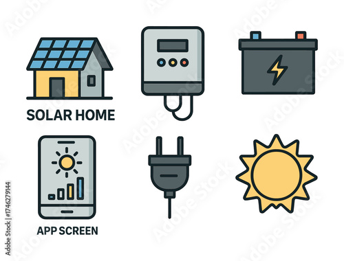 Vector Solar home: sustainable energy symbols featuring house, battery, and plug
