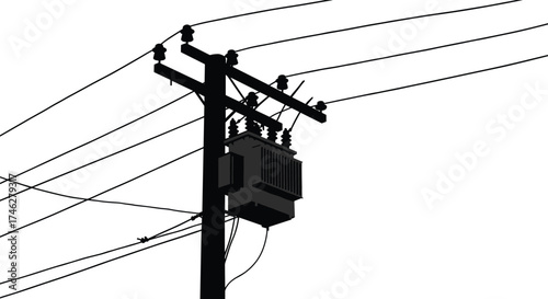 Electric power transformer on utility pole silhouette vector illustration showing high voltage wires, electricity distribution, and industrial energy infrastructure system