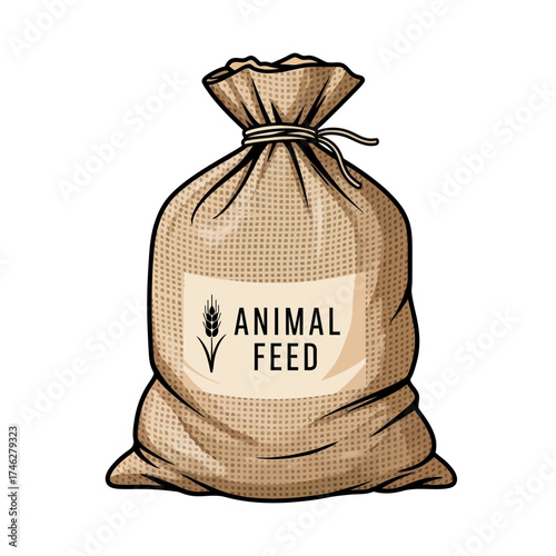 Sack of animal feed tied with rope isolated on white background.