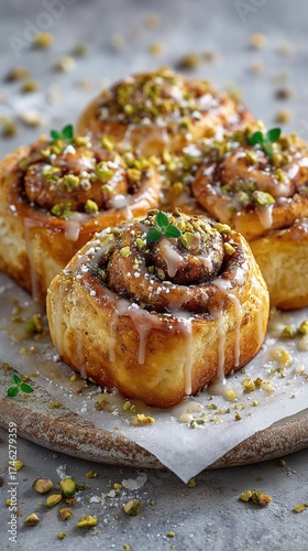 Pistachio cinnamon rolls covered with icing and nuts