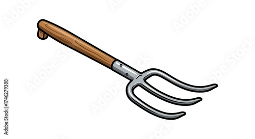 Cartoon gardening fork with wooden handle isolated on white background.