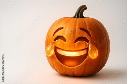 Ultra-realistic Halloween pumpkin carved in the shape of a laughing emoji face