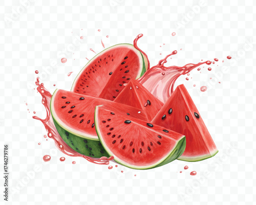 fresh watermelon slices  fruit with  Juice splash in different style isolated on transparent background