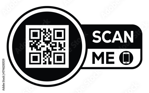 Minimalist black and white QR code icon with “Scan Me” label and smartphone symbol. Clean modern design ideal for digital access, marketing, payments, and contactless technology concepts.