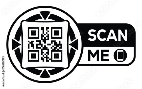 Minimalist black and white QR code icon with “Scan Me” label and smartphone symbol. Clean modern design ideal for digital access, marketing, payments, and contactless technology concepts.