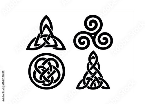 Vector Set of four intricate celtic knot patterns with spirals and interwoven designs