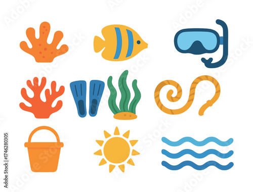 Vector Colorful beach elements: snorkel, coral, flippers, fish, sun, waves, bucket