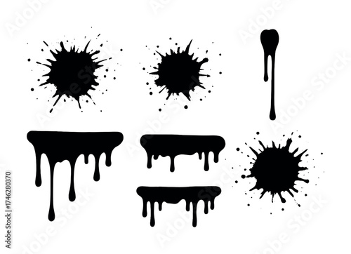 Vector Black ink splatter and drip set on white background