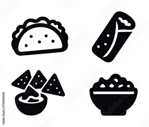 Vector Mexican food icons: taco, burrito, nachos, salsa bowl silhouettes