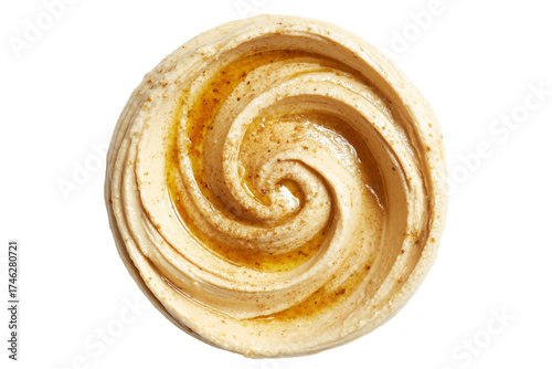 Swirled creamy hummus and tahini dip with lemon and garlic with golden olive oil drizzled on top, isolated on white transparent background. Concept of healthy Mediterranean snack