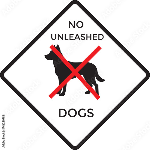 No unleashed dogs allowed warning sign with red cross on transparent background
