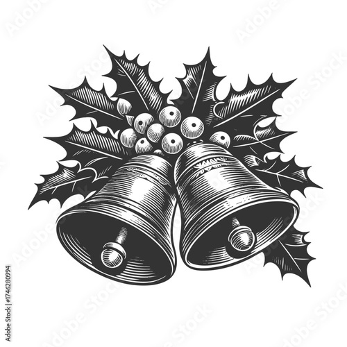 festive Christmas bells decorated with holly leaves, berries, and ribbon, symbolizing holiday cheer and celebration sketch engraving generative ai vector illustration. Scratch board. Black and white.