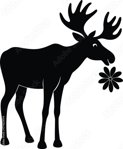 A whimsical black silhouette of a moose with large antlers eating a flower silhouette on white background