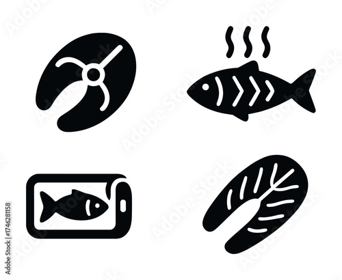Vector Fish icons set: salmon, grilled, digital display, seafood symbols