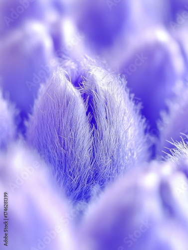 Close up of a purple flower with a fuzzy texture. The flower is surrounded by other purple flowers, creating a sense of depth and a peaceful, calming atmosphere
