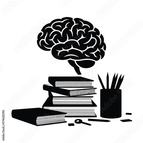 Brain above stack of books and study supplies