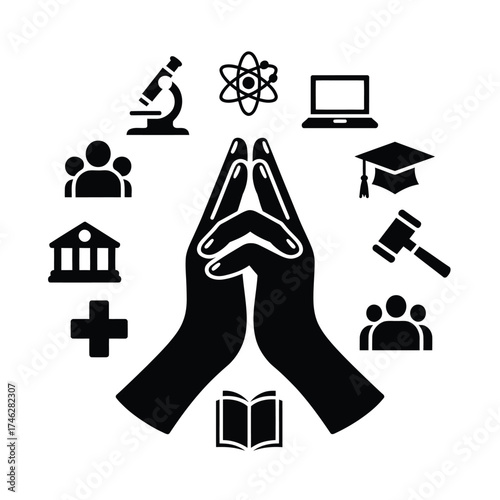 Hands praying surrounded by symbols of education and science
