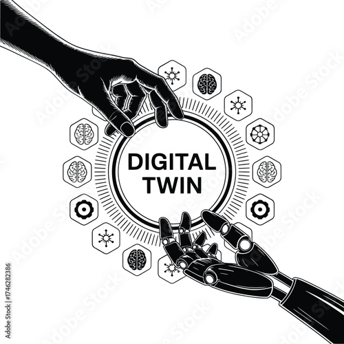 Human and robot hands connecting to digital twin concept