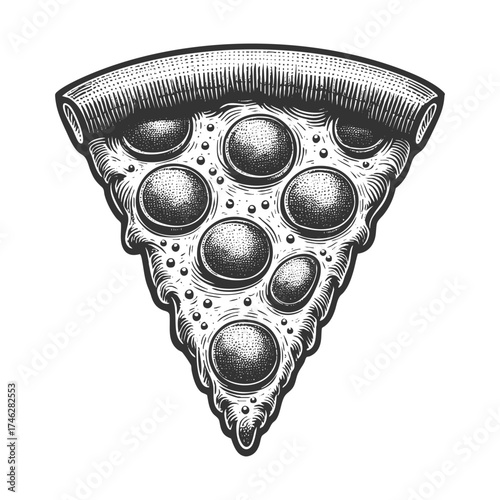 pepperoni pizza slice with cheese and crust, representing fast food, taste, and comfort sketch engraving generative ai vector illustration. Scratch board imitation. Black and white image.