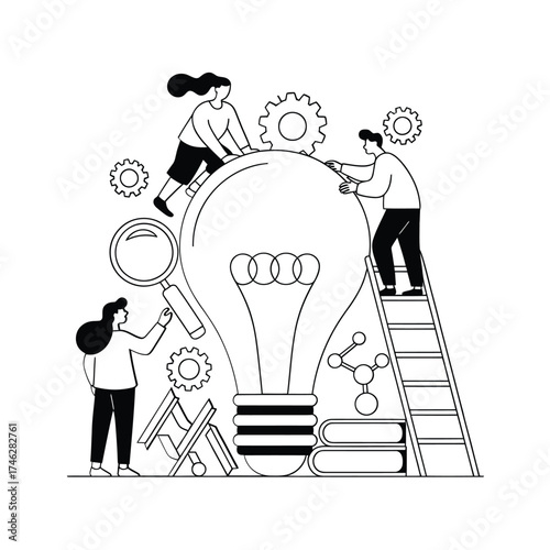 Teamwork and innovation concept with people building a giant light bulb