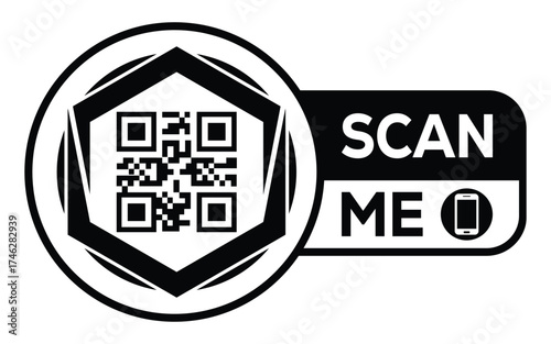Minimalist black and white QR code label design with "SCAN ME" message, modern style, ideal for marketing, digital menus, business promotions, and mobile-based contactless solutions.	