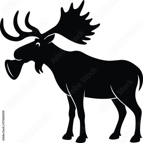 Majestic moose with large antlers standing in profile as a bold black silhouette on white background