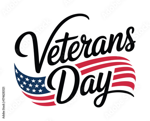 Veterans day text with american flag waving in the background for patriotic celebrations