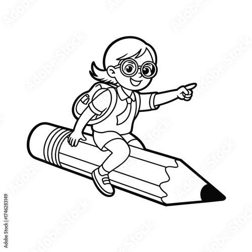 Happy cartoon girl with backpack riding a flying pencil pointing forward