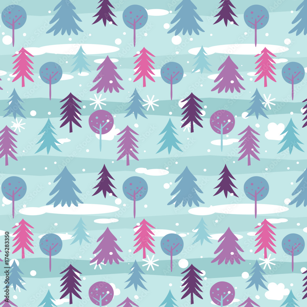 Obraz premium Winter minimalism, seamless patterns with colorful stars around. Bright winter pattern can be used as textile, fabric, wallpaper, banner and other. Vector.