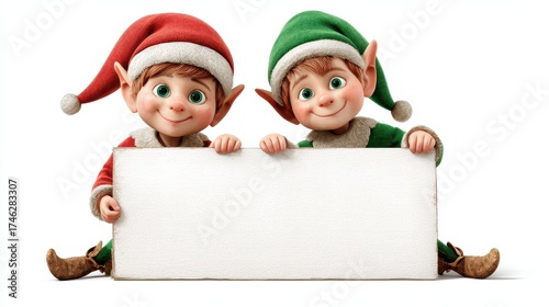 Elf Holding Sign. Two Christmas Elves with Fun and Comic Poses, Isolated on Green Background